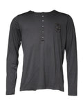 Pull à col henley noir à manches longues avec boutons et broderie de blason gris crown bee dolce & gabbana