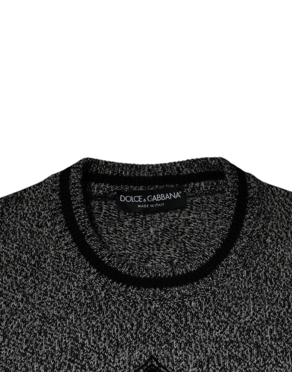 Pull noir et gris chiné en maille dolce gabbana avec col côtelé noir et label de la marque visible