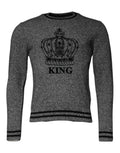 Dolce & gabbana pull en cachemire gris texturé avec couronne noire brodée et texte king sur la poitrine