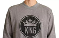 Sweatshirt gris chiné dolce gabbana en coton avec un graphisme noir circulaire couronne et le mot king en lettres majuscules