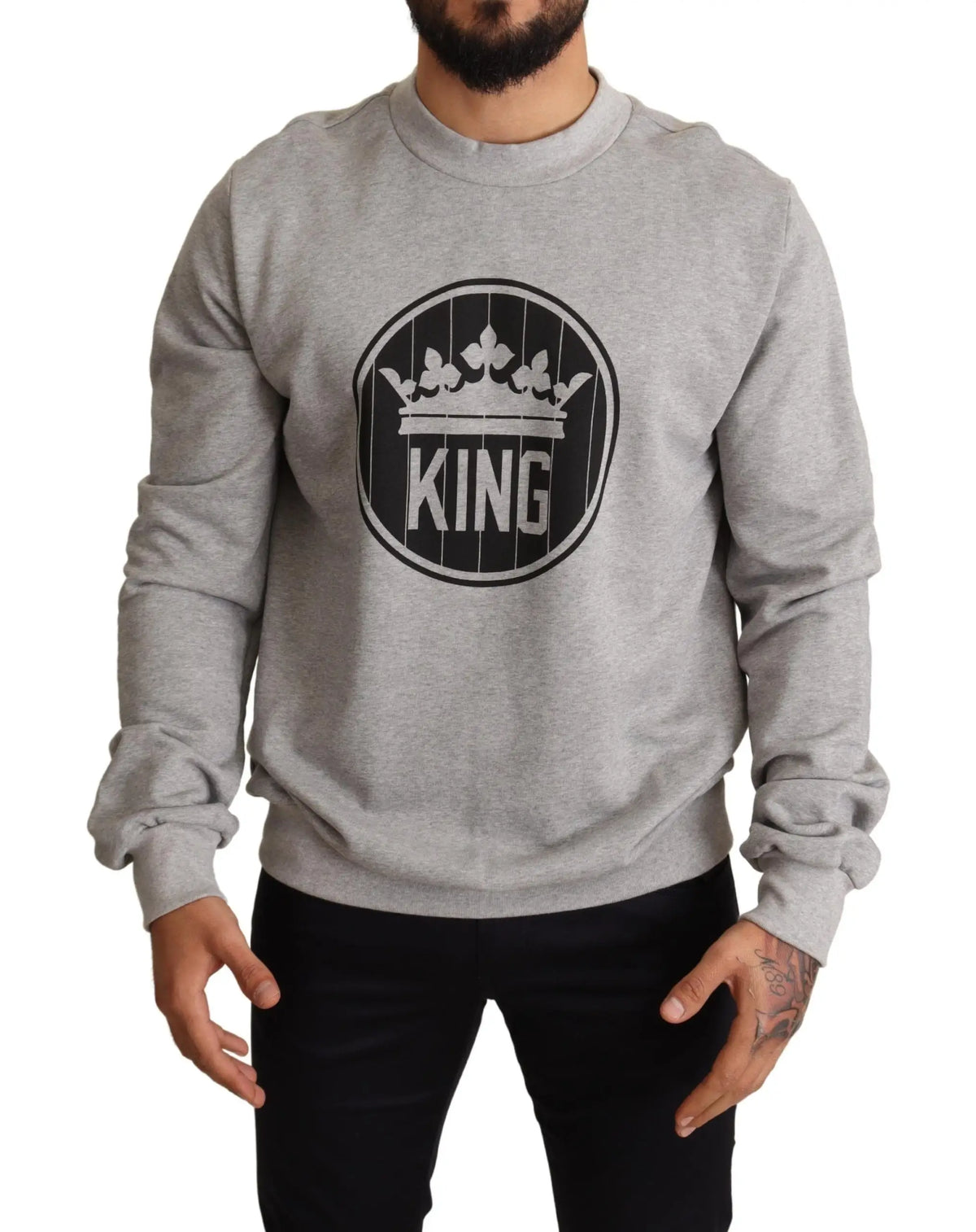 Sweatshirt gris dolce gabbana en coton avec logo circulaire noir couronne et inscription king en lettres capitales