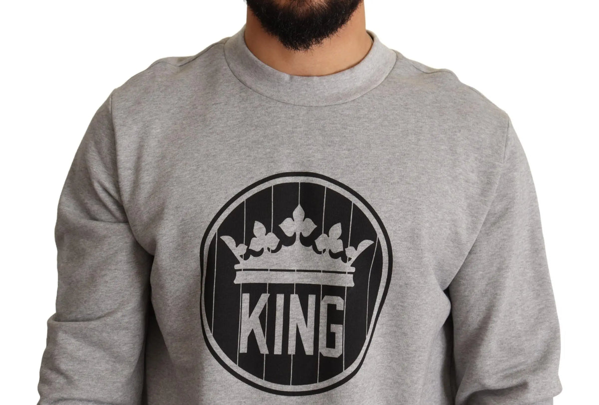 Dolce & gabbana sweat gris en coton manches longues avec imprimé couronne king noir et blanc