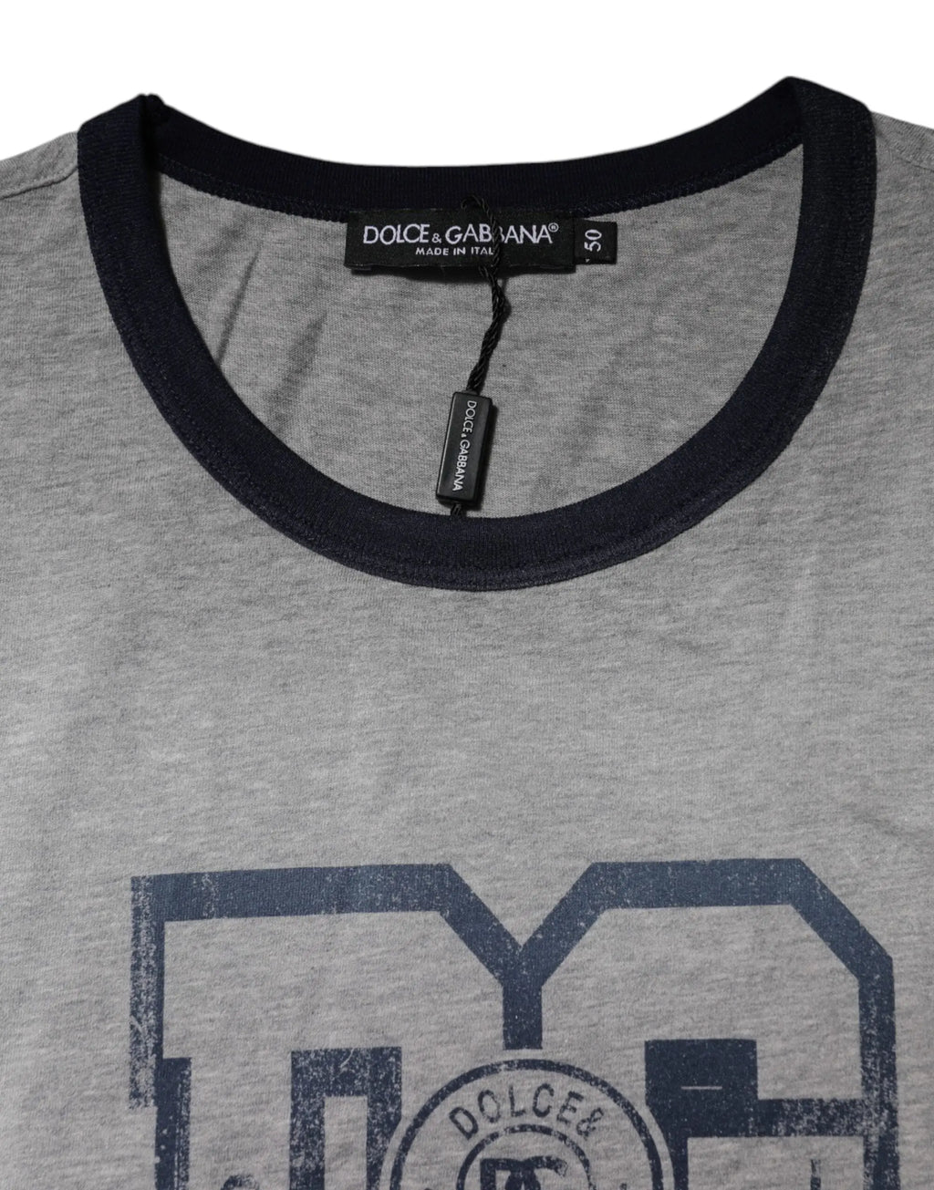T-shirt dolce & gabbana gris en coton avec col ringer bleu marine et logo dg imprimé usé