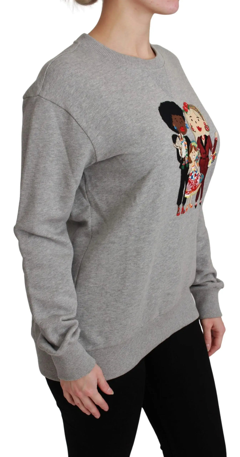 Sweatshirt gris chiné en coton dolce & gabbana avec un motif brodé coloré de trois personnages cartoon sur la poitrine