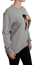 Sweatshirt gris chiné en coton dolce & gabbana avec un motif brodé coloré de trois personnages cartoon sur la poitrine
