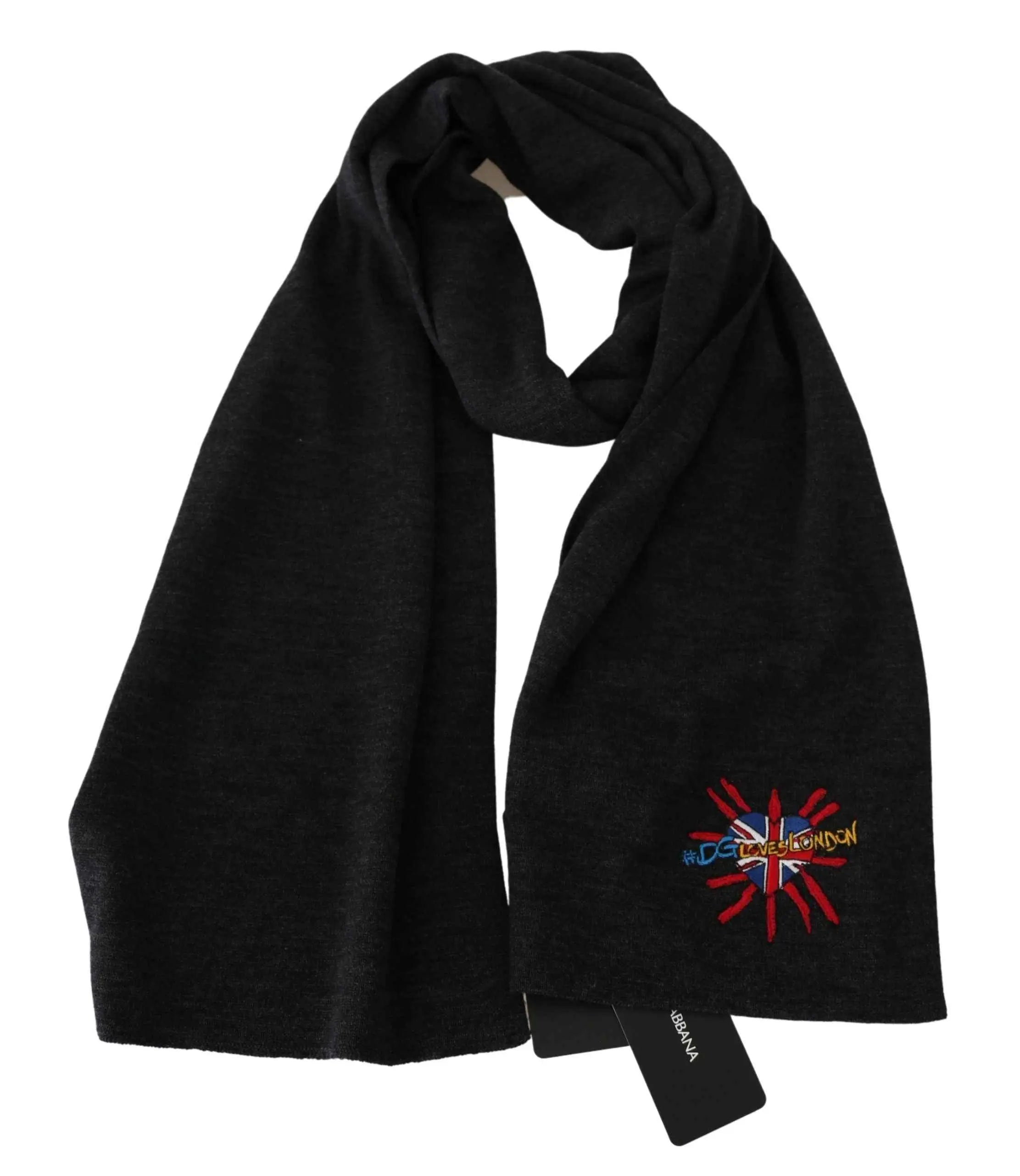 Écharpe en laine grise dolce & gabbana avec union jack brodé et texte dclove london coloré