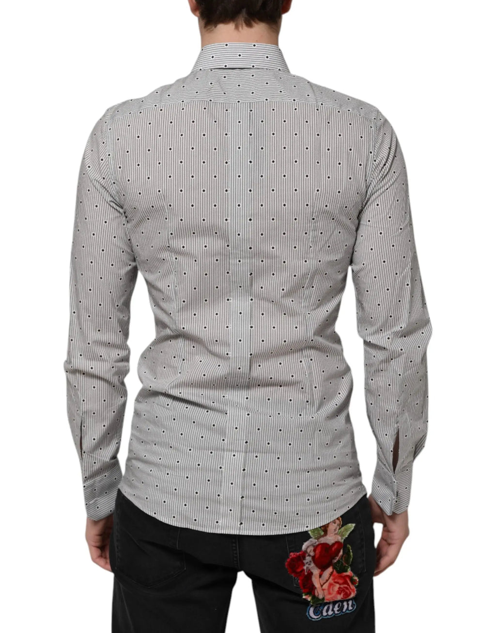 Chemise homme formelle gris à pois dolce & gabbana vue dos avec rayures et broderie rose sur le bas