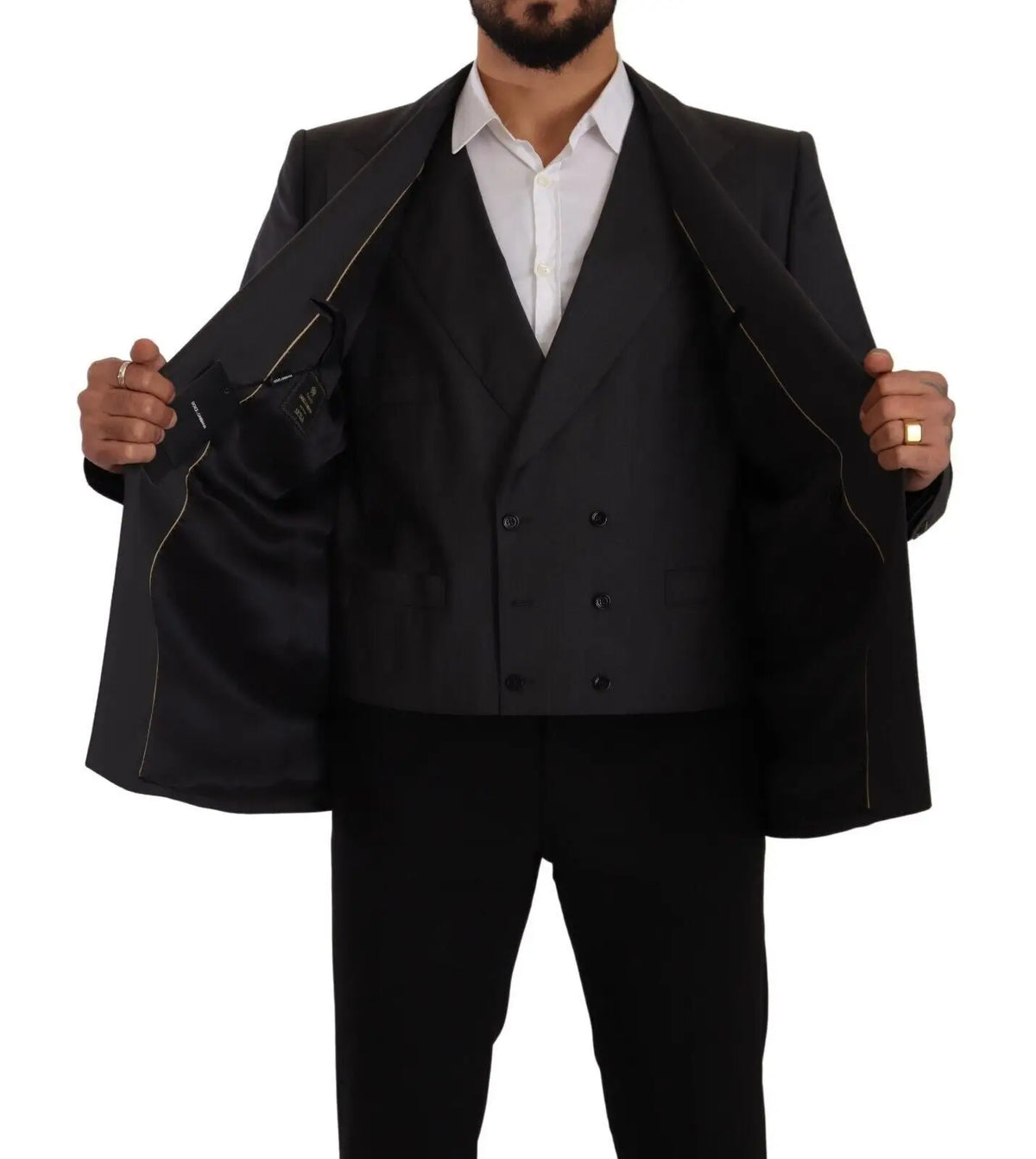 Dolce & gabbana gris veste blazer sicilia à double boutonnage avec doublure intérieure noire et liseré doré subtil