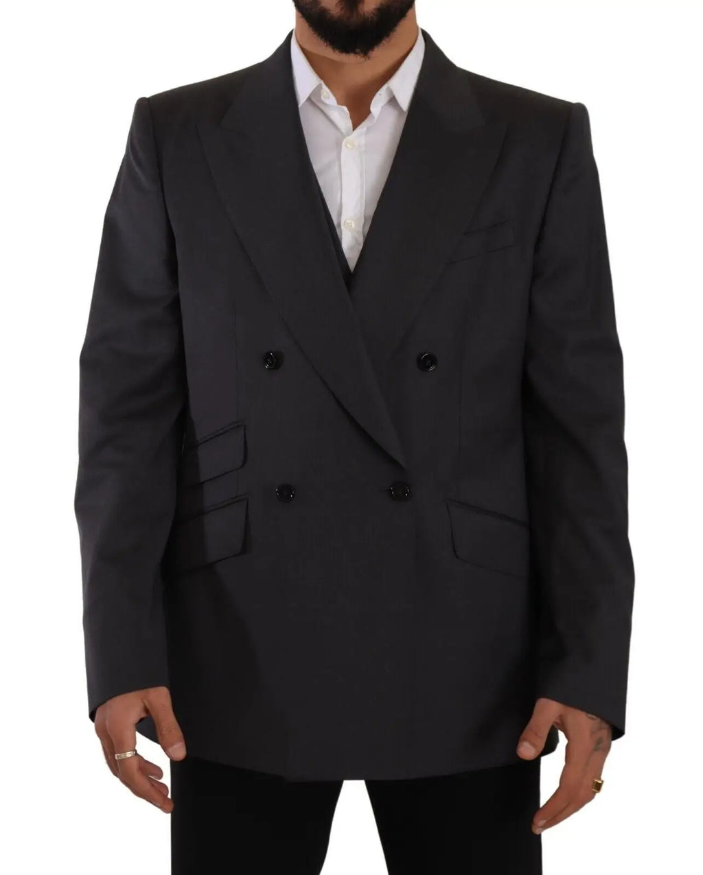 Dolce & Gabbana blazer gris double boutonnage en tissu avec col cranté et quatre boutons noirs