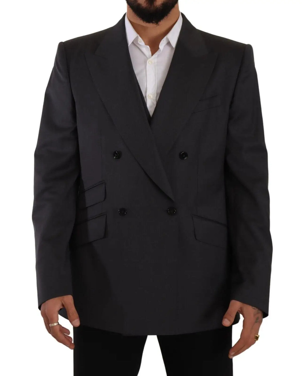Dolce & Gabbana blazer gris double boutonnage en tissu avec col cranté et quatre boutons noirs