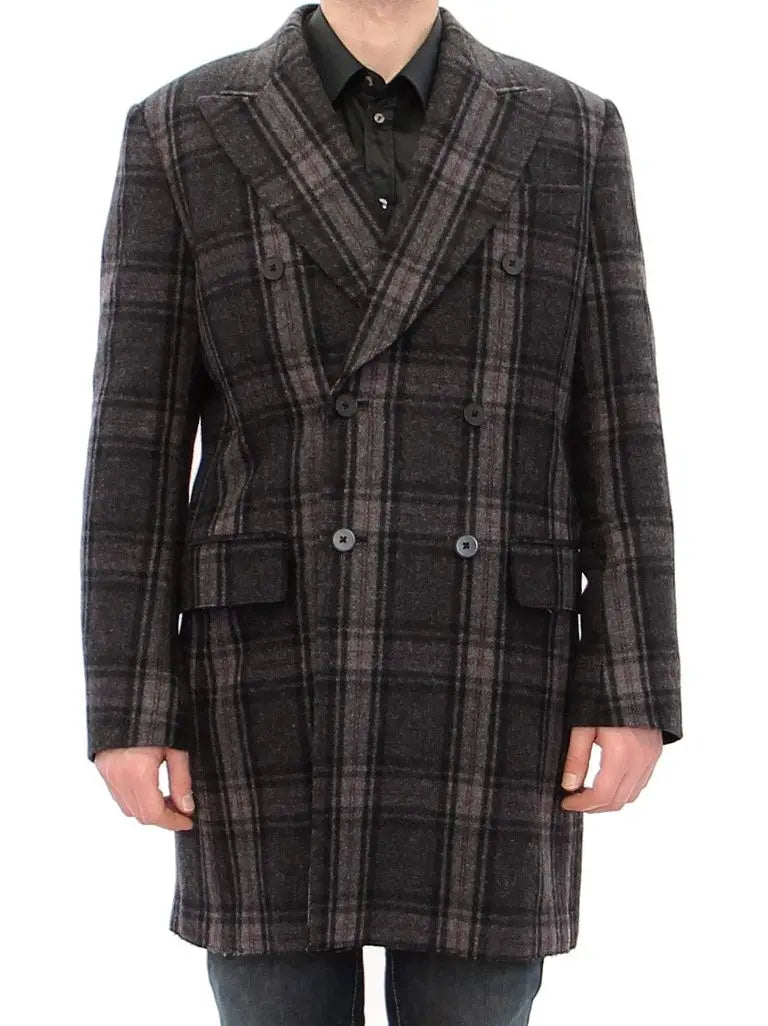 Dolce & gabbana manteau gris en laine à motif à carreaux noir et gris avec double boutonnage et poches à rabat