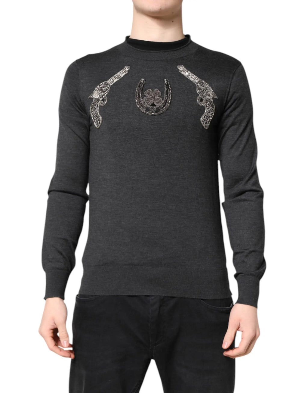 Pull noir à manches longues dolce & gabbana en maille grise avec revolver et fers à cheval en strass argentés
