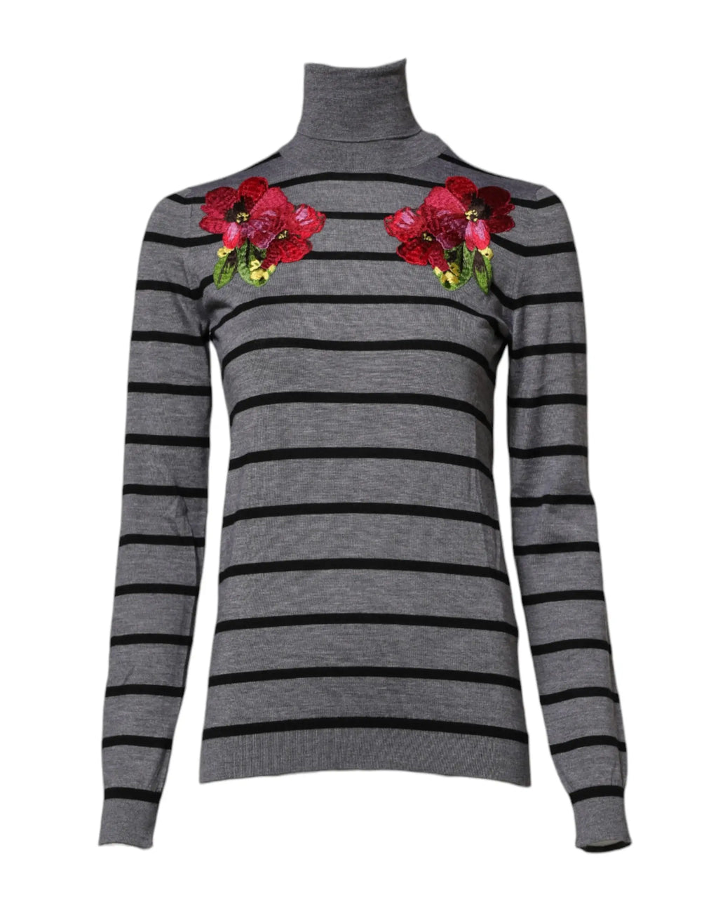 Dolce & Gabbana pull gris à col roulé avec rayures noires et broderie florale rouge à paillettes aux épaules