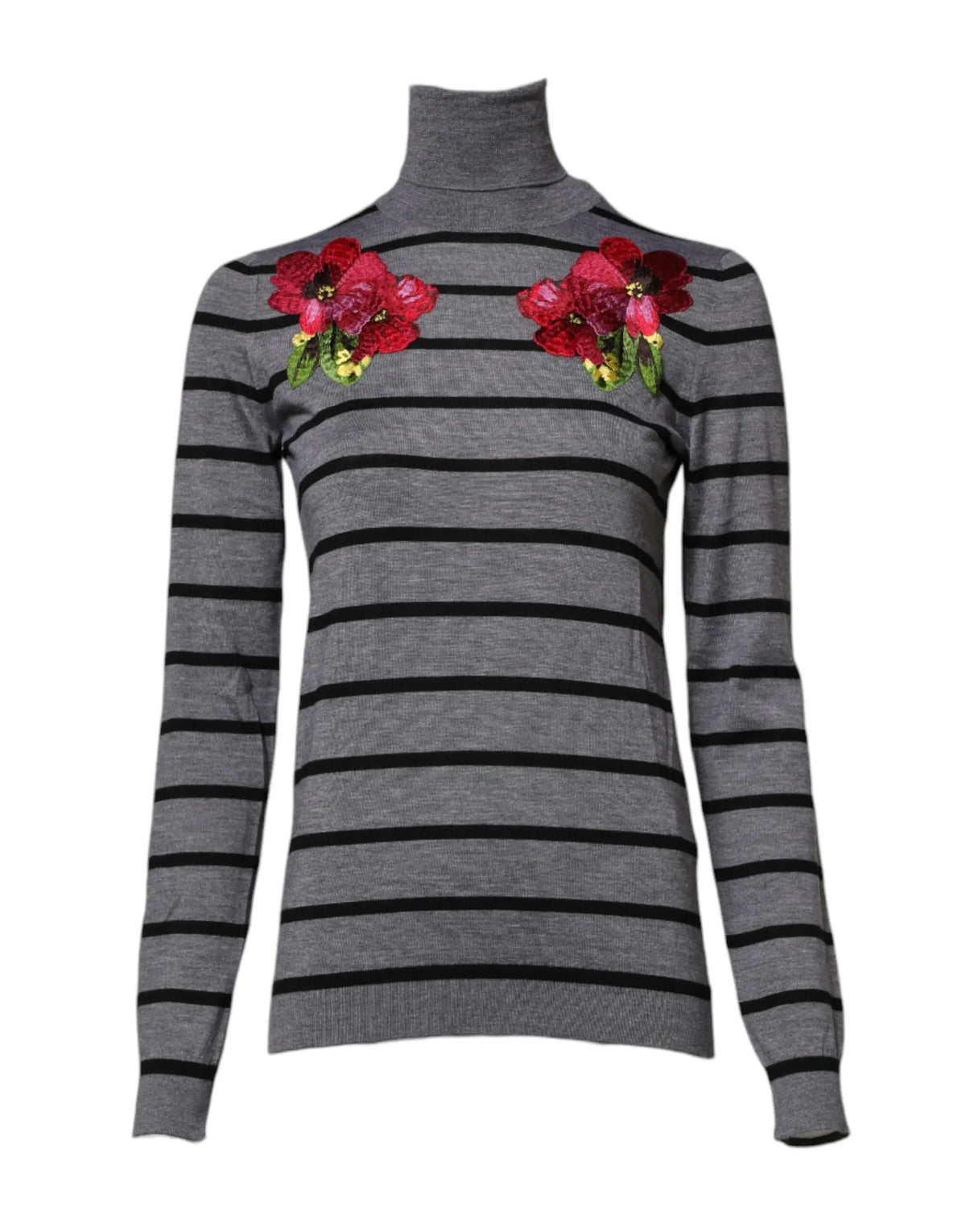 Dolce & Gabbana pull gris à col roulé avec rayures noires et broderie florale rouge à paillettes aux épaules