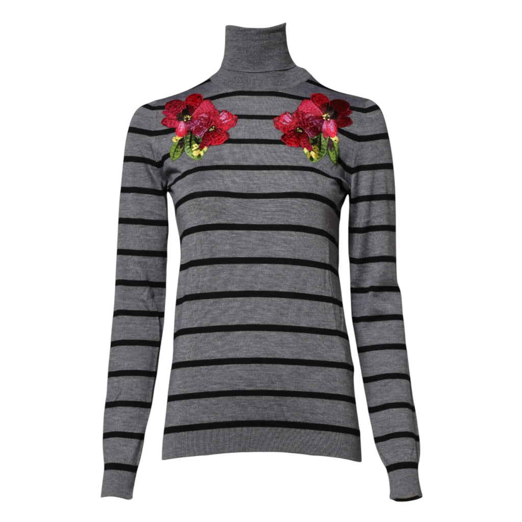 Pull dolce & gabbana gris rayé avec broderie florale rouge aux épaules en maille col roulé