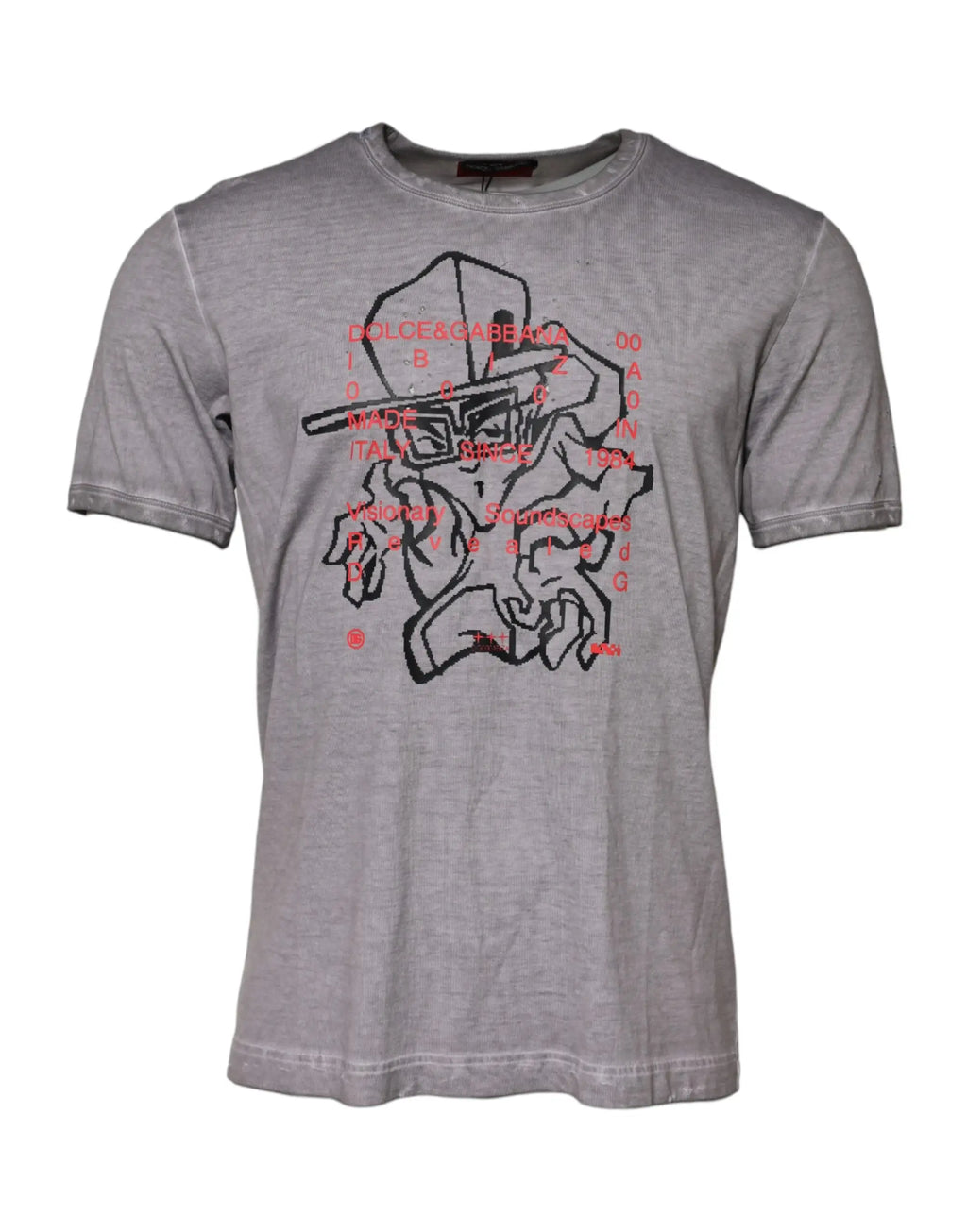 T-shirt gris dolce & gabbana en coton avec imprimé graphique noir et rouge d’une silhouette stylisée et texte