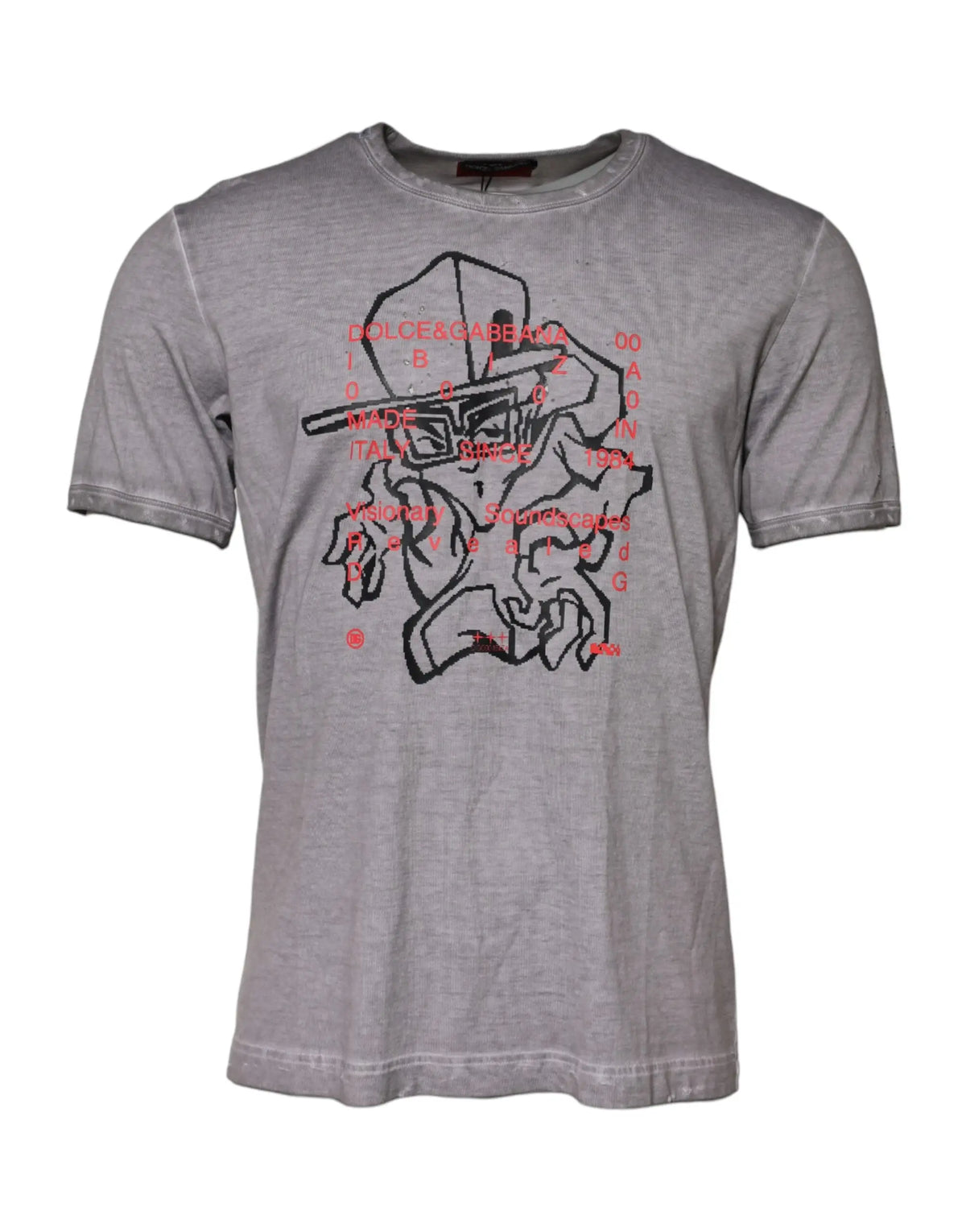 T-shirt gris dolce & gabbana en coton avec imprimé graphique noir et rouge d’une silhouette stylisée et texte