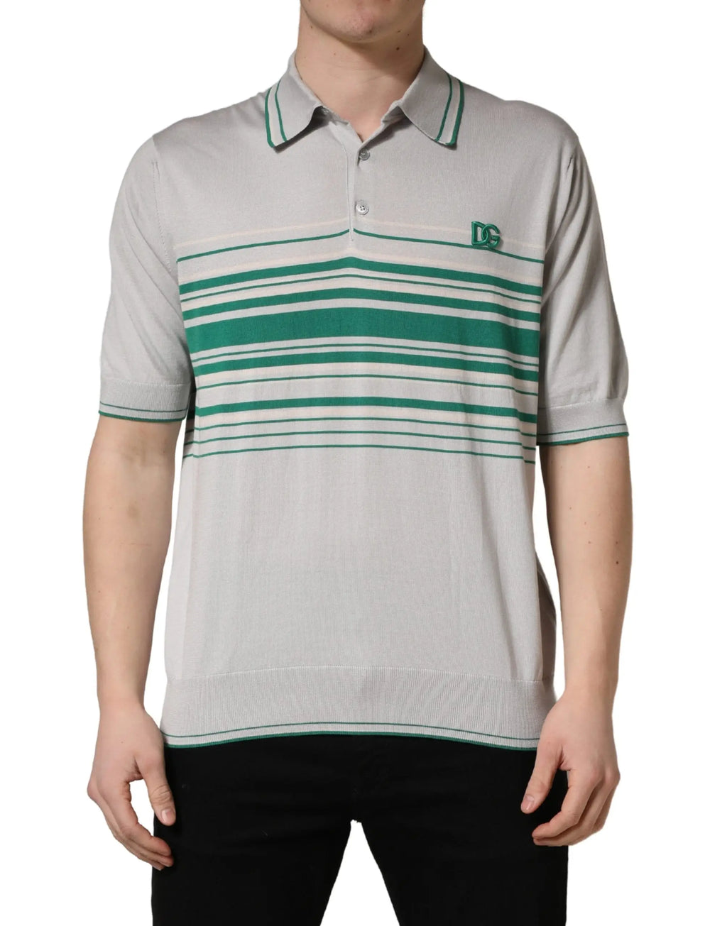 Polo dolce & gabbana en soie gris et vert à rayures avec texture en maille subtile et bordures assorties