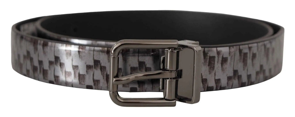 Ceinture dolce & gabbana en cuir gris motif chevrons avec boucle métallique 3d gris et motif carbone noir et argent