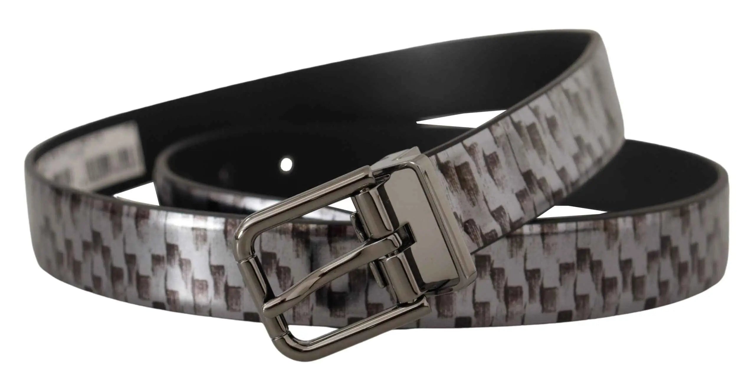 Ceinture dolce & gabbana noire et argentée en cuir avec motif chevrons gris et boucle métal 3d grise