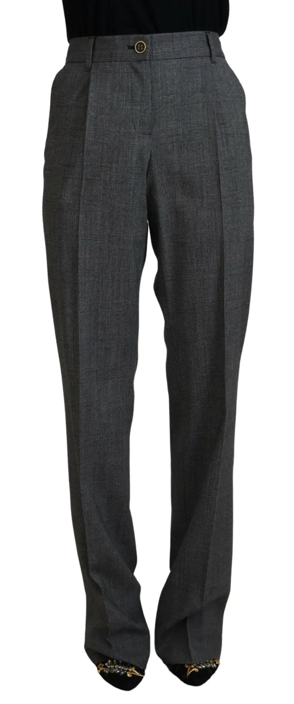 Pantalon femme en laine gris à taille haute dolce et gabbana avec coupe structurée et bouton doré au niveau de la taille