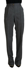 Pantalon femme en laine gris à taille haute dolce et gabbana avec coupe structurée et bouton doré au niveau de la taille