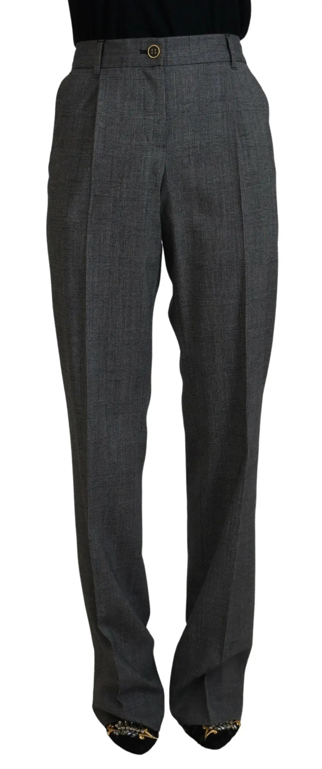 Pantalon femme en laine gris à taille haute dolce et gabbana avec coupe structurée et bouton doré au niveau de la taille