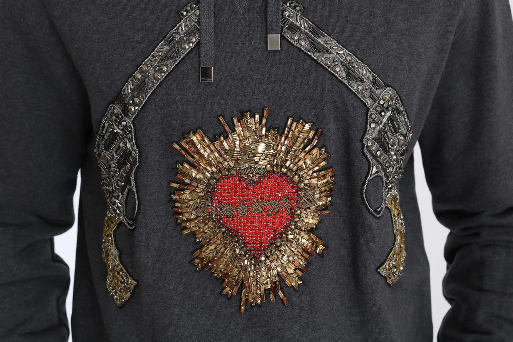 Sweat à capuche gris dolce & gabbana avec cœur rouge brodé de sequins dorés et embellissements en forme de pistolets