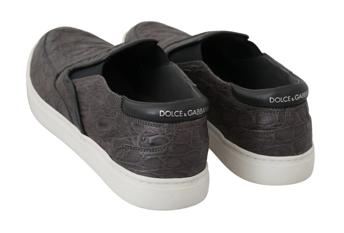 Dolce & gabbana mocassins homme en cuir gris effet caïman avec semelles en caoutchouc blanches et logo en cuir noir au talon