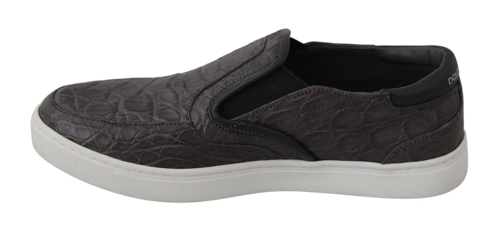 Dolce & gabbana mocassins homme gris en cuir caïman avec semelle blanche en caoutchouc et motif crocodile embossé