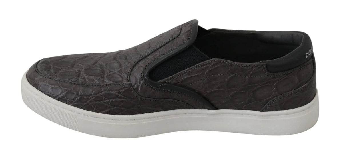 Dolce & gabbana mocassins homme gris en cuir caïman avec semelle blanche en caoutchouc et motif crocodile embossé