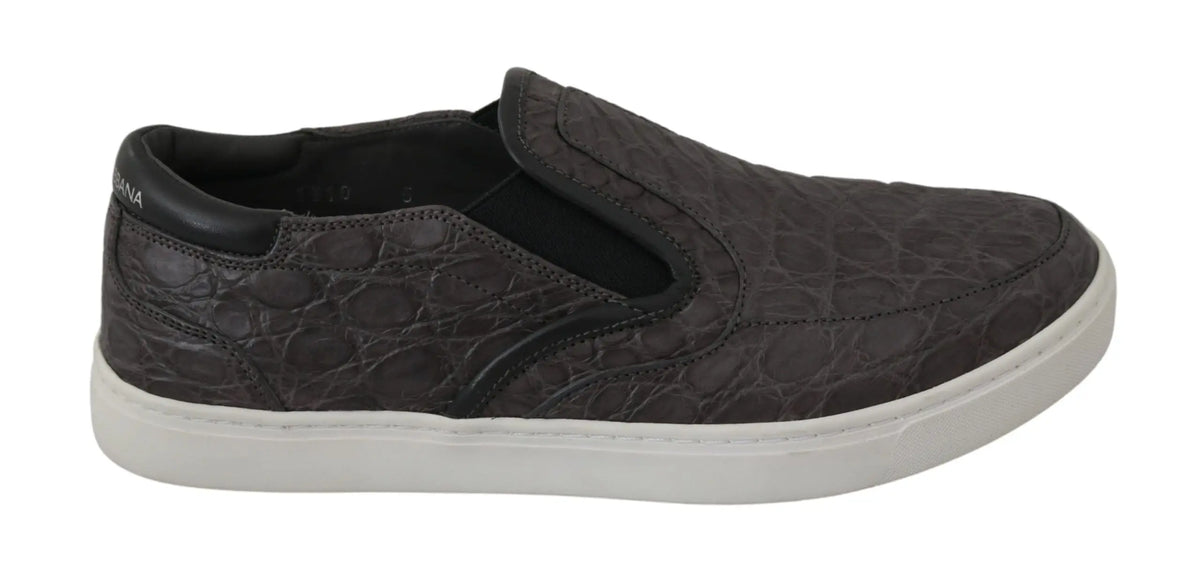 Dolce & gabbana mocassins pour hommes en cuir gris embossé crocodile avec semelle blanche en caoutchouc