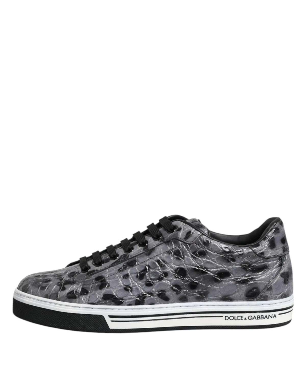 Dolce & gabbana gray crocodile-embossed leather low top sneaker with black laces and white rubber sole