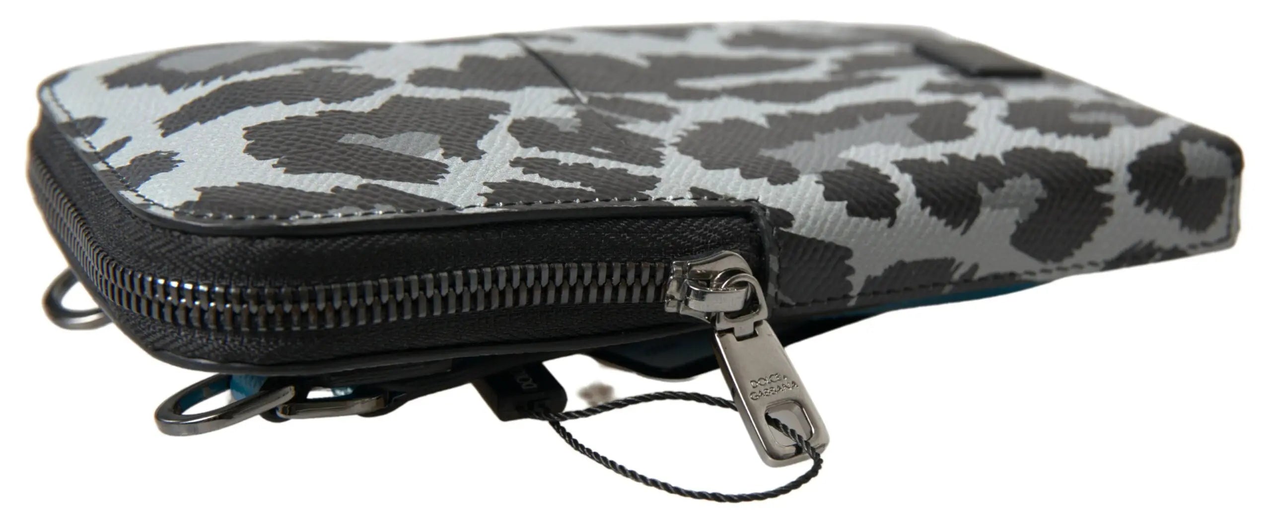 Pochette bandoulière dolce & gabbana en cuir léopard gris noir avec fermeture éclair argentée pour homme