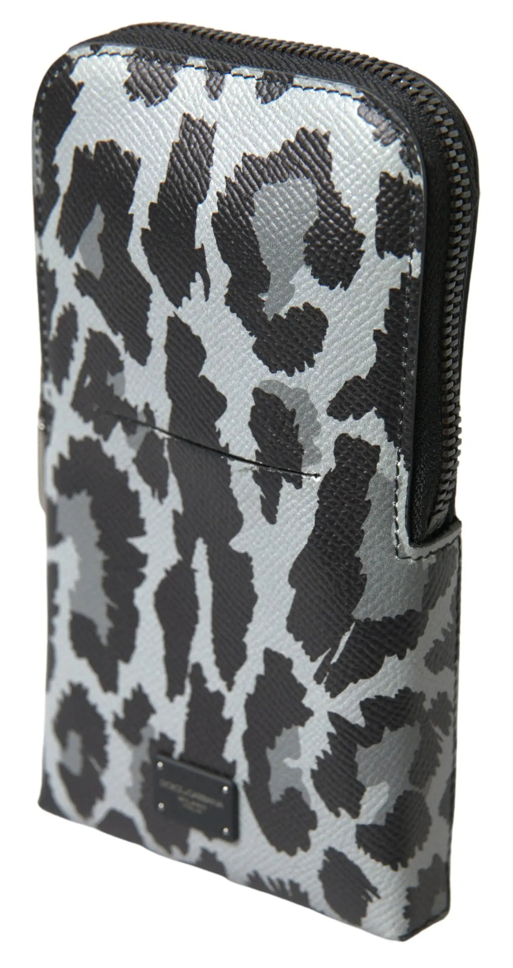 Un portefeuille homme dolce & gabbana gris leopard en cuir avec fermeture éclair et plaque de marque métallique