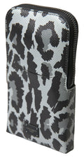 Un portefeuille homme dolce & gabbana gris leopard en cuir avec fermeture éclair et plaque de marque métallique