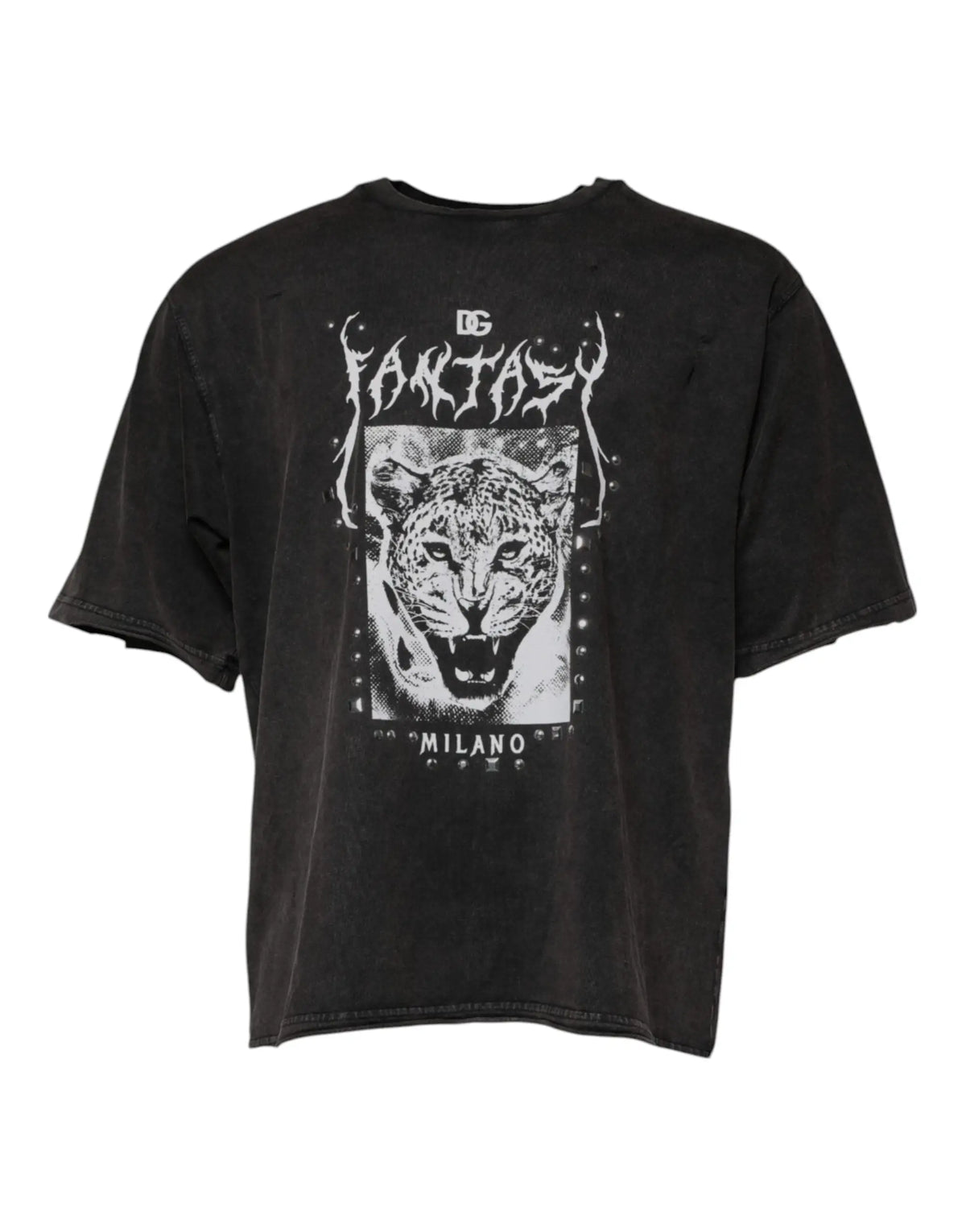 T-shirt dolce & gabbana en coton gris avec imprimé léopard et graphique blanc vieilli fantaisie milano