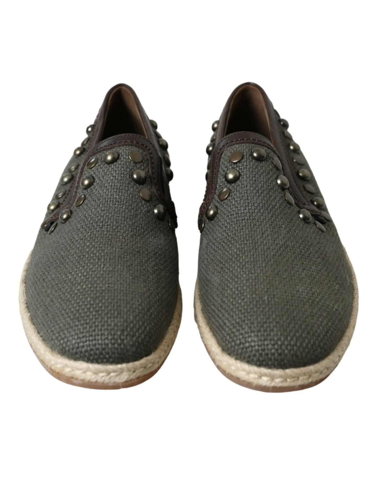 Espadrilles slip-on en toile olive foncé avec clous métalliques noirs, loafers en lin et cuir gris dolce & gabbana