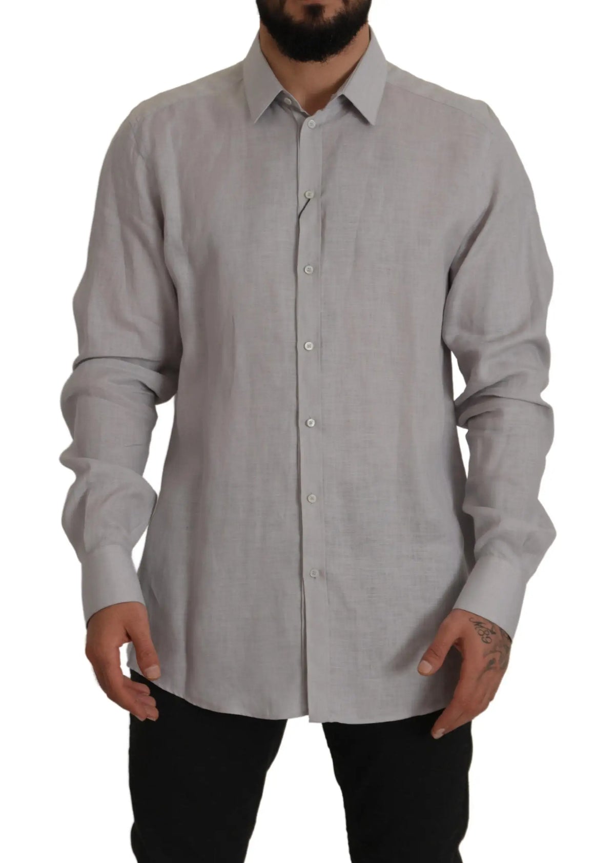 Chemise formelle à manches longues en lin gris dolce gabbana avec texture subtile et col classique