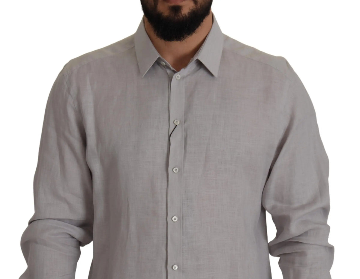 Chemise formelle à manches longues en lin gris dolce gabbana avec texture subtile et boutons blancs