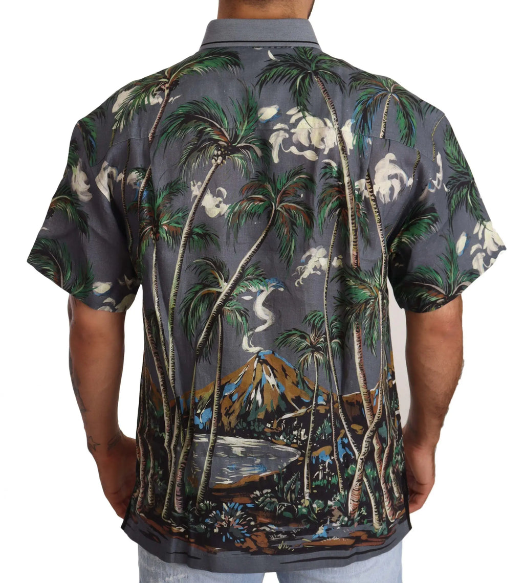 Chemise hawaïenne dolce & gabbana gris foncé en lin à manches courtes avec imprimé tropical vibrant palmier fleurs volcans