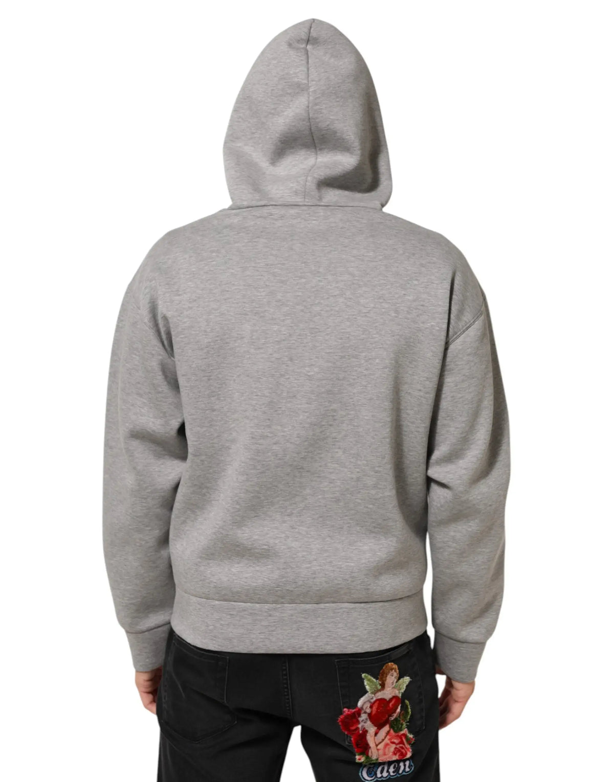 Sweat à capuche dolce & gabbana gris en coton avec dos orné d’un patch brodé ange tenant des roses rouges