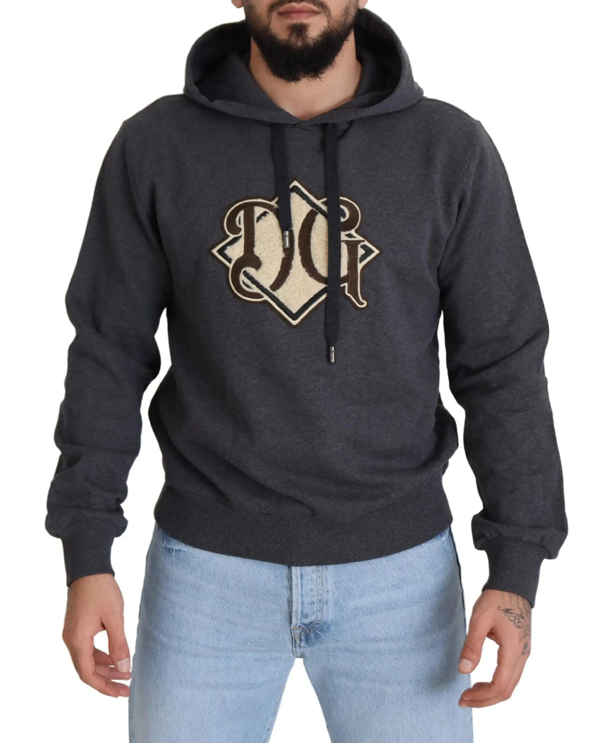 Sweat à capuche dolce & gabbana en coton gris foncé avec logo beige et noir brodé sur la poitrine