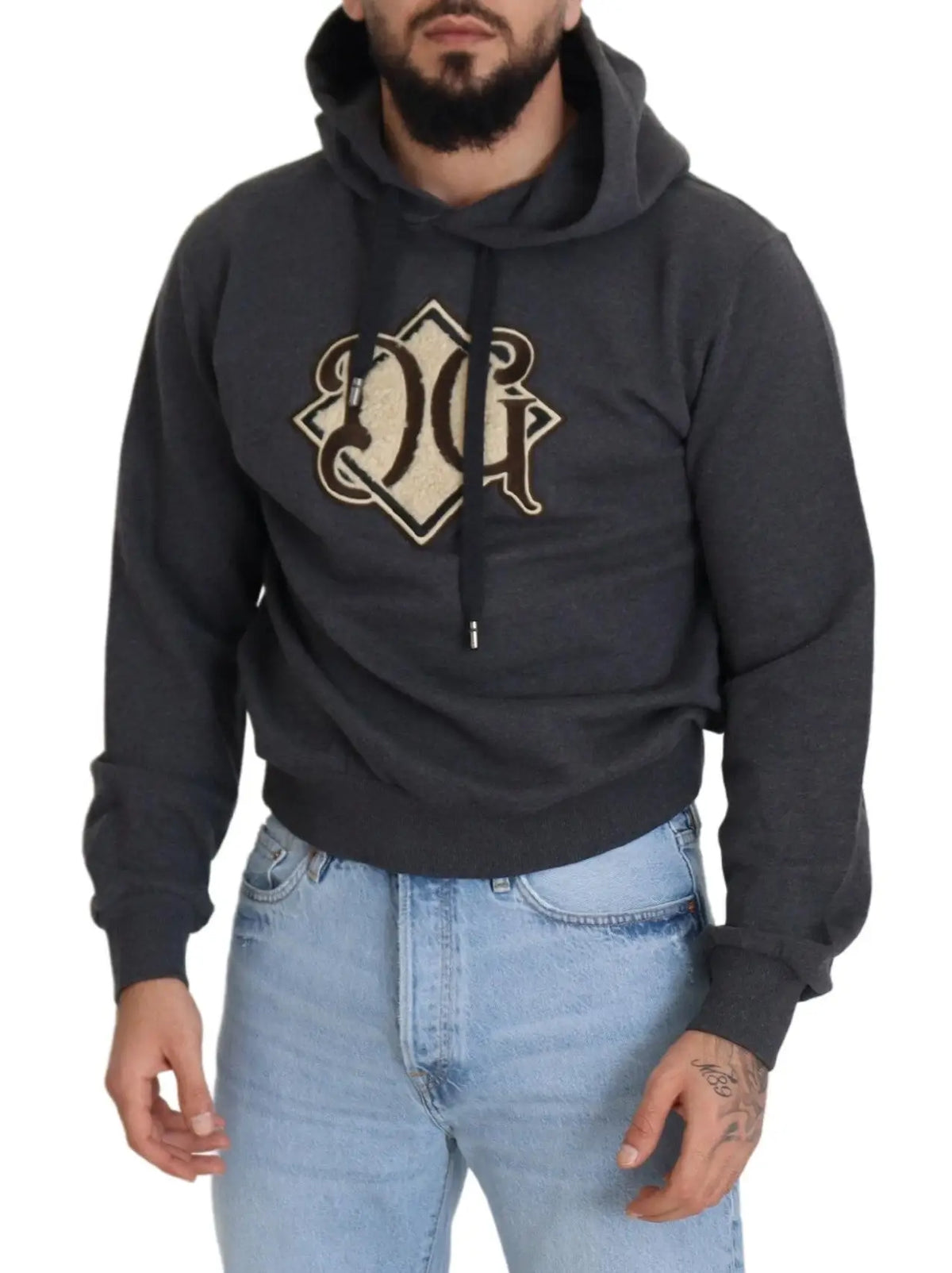 Sweatshirt à capuche dolce & gabbana gris en coton avec logo dg beige et or brodé sur la poitrine
