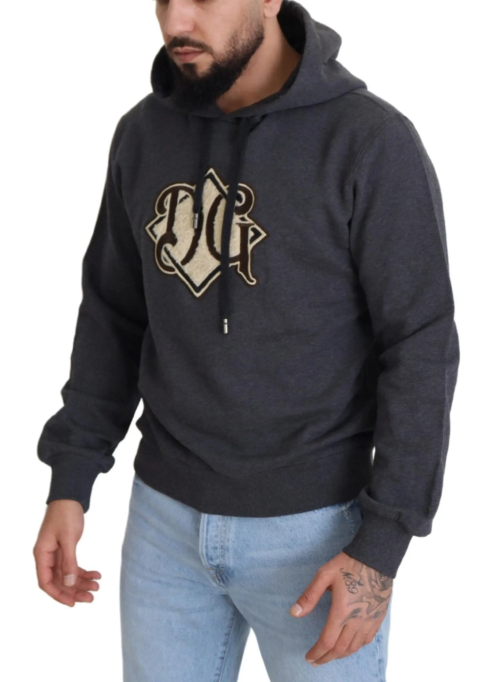 Sweat à capuche dolce & gabbana gris en coton avec monogramme brodé crème sur la poitrine