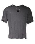 T-shirt dolce & gabbana gris en coton avec déchirures et patch logo noir visible sur la poitrine