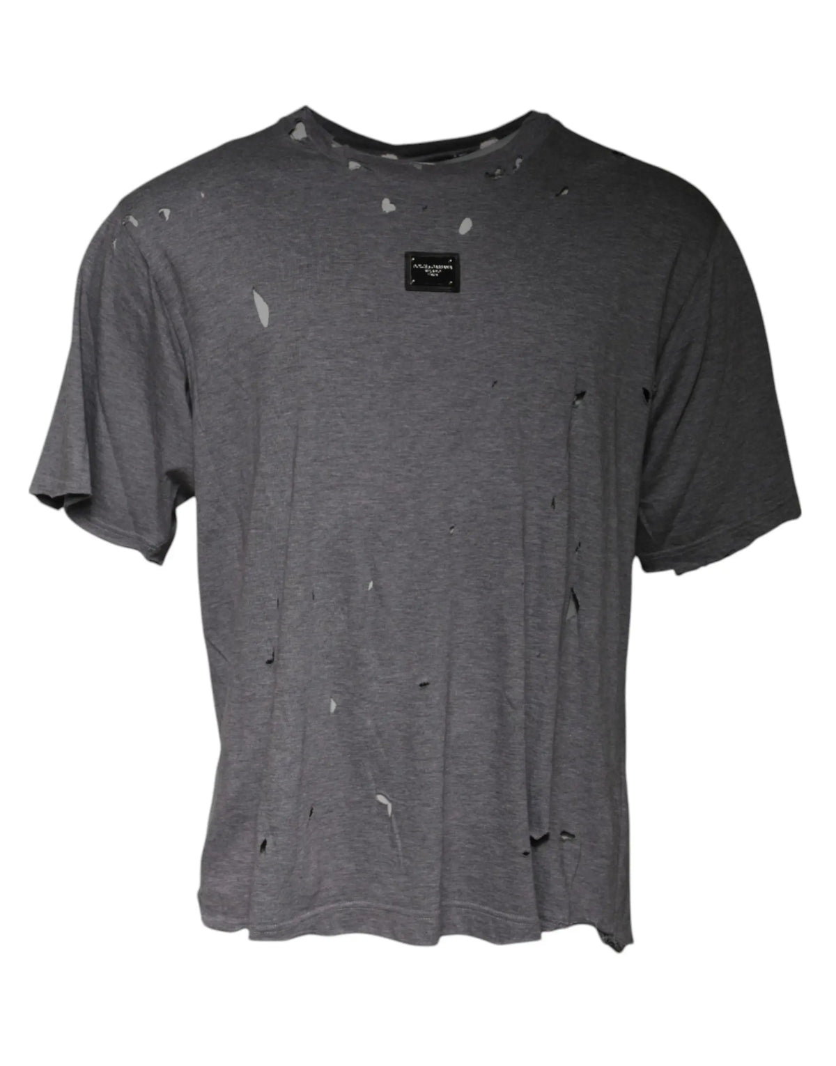 T-shirt dolce & gabbana gris en coton avec déchirures et patch logo noir visible sur la poitrine