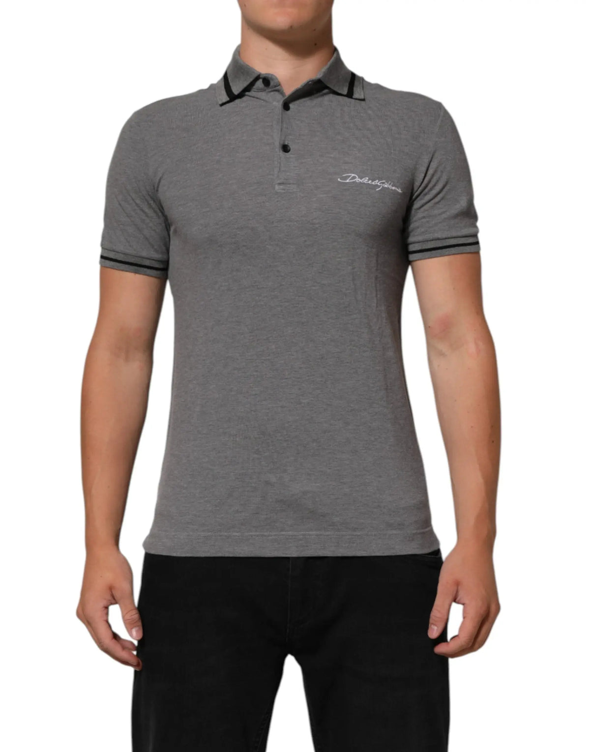 Polo dolce & gabbana gris chiné avec col et manches bordés de noir et logo brodé subtil sur la poitrine