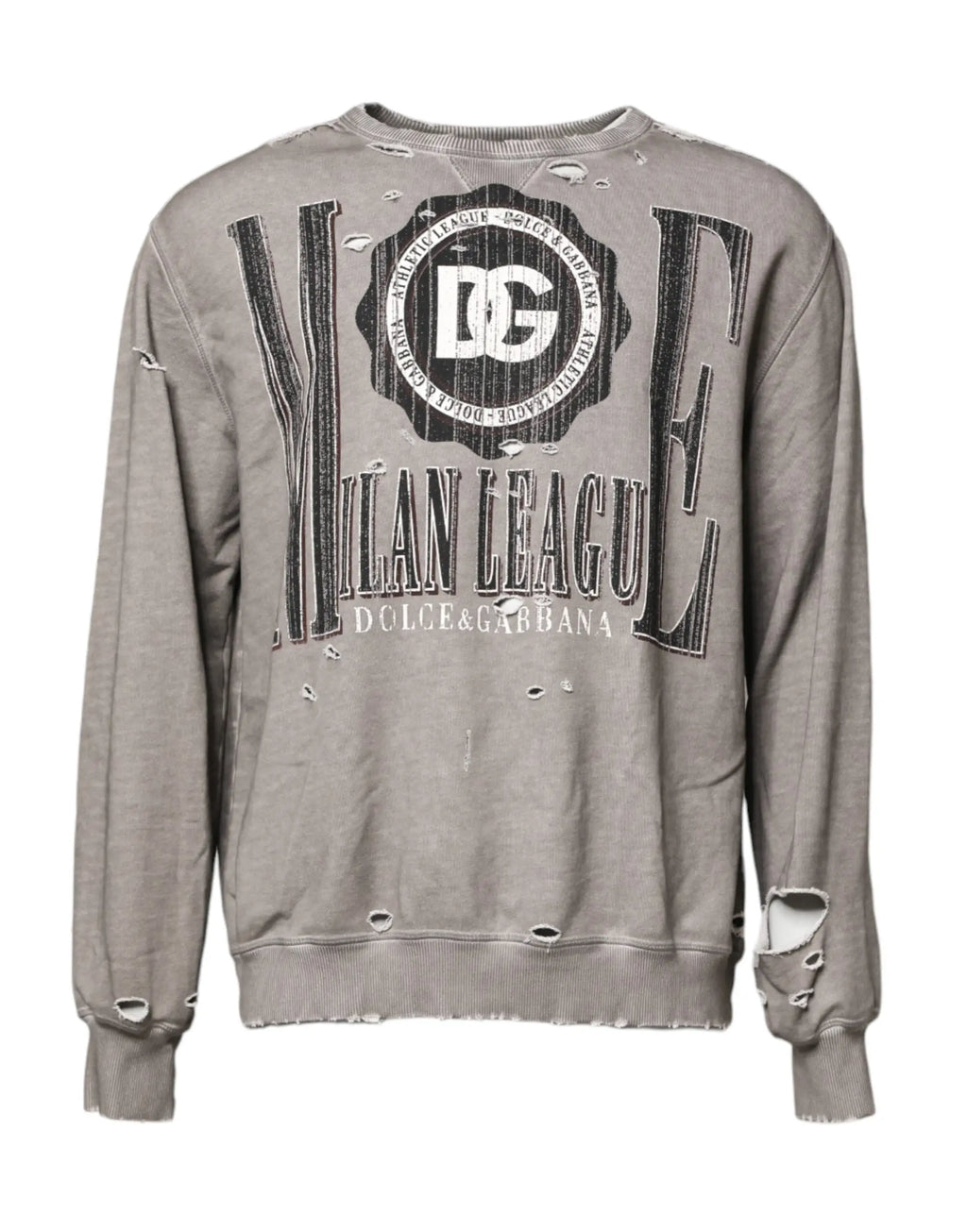 Dolce & gabbana pull gris en coton avec imprimé logo milan league noir et blanc et col rond