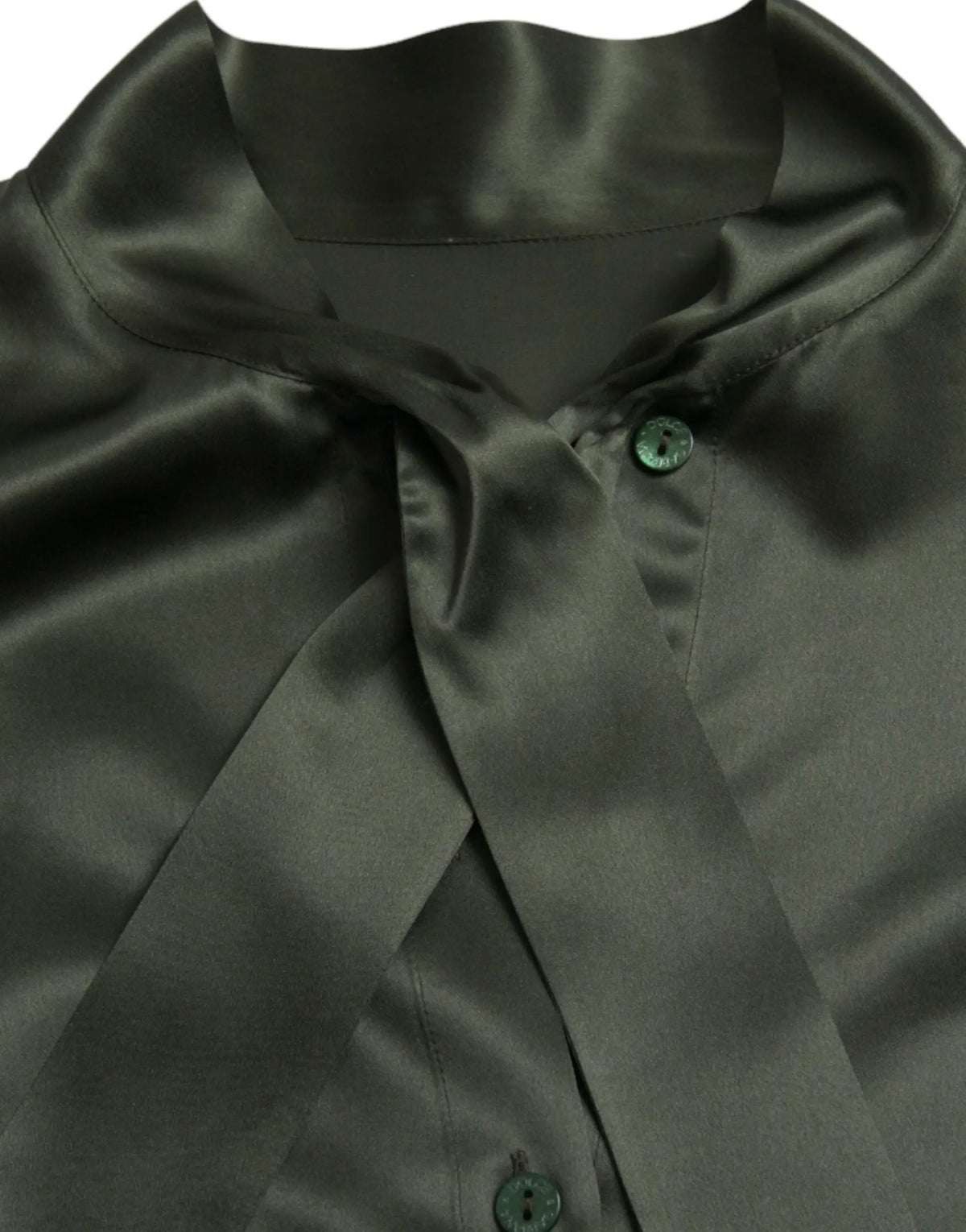 Blouse dolce & gabbana gris olive foncé en satin avec col ascot et plis subtils au col manches longues